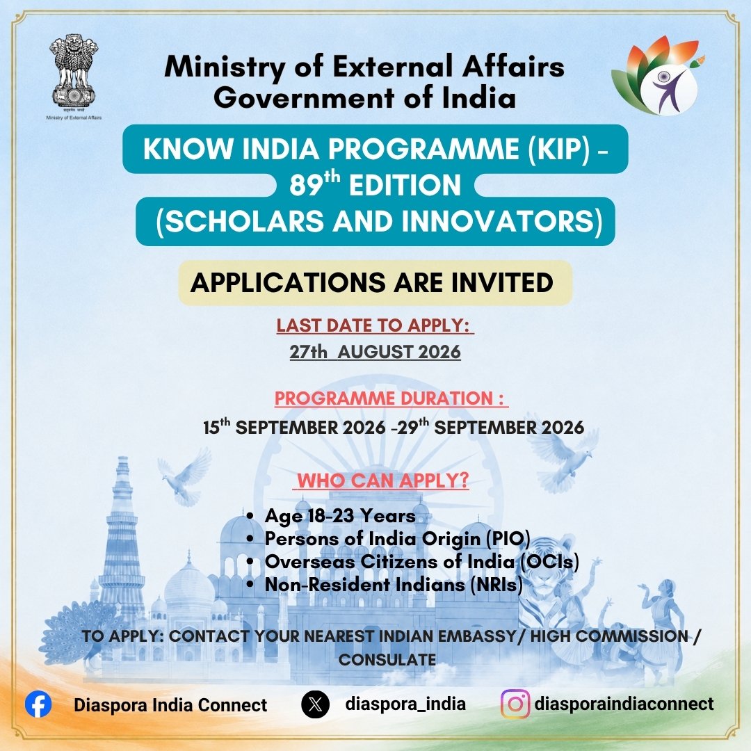 Announcement of the 89th edition of the Know India Programme (KIP) scheduled to be organized from 15th September to 29th September 2026
